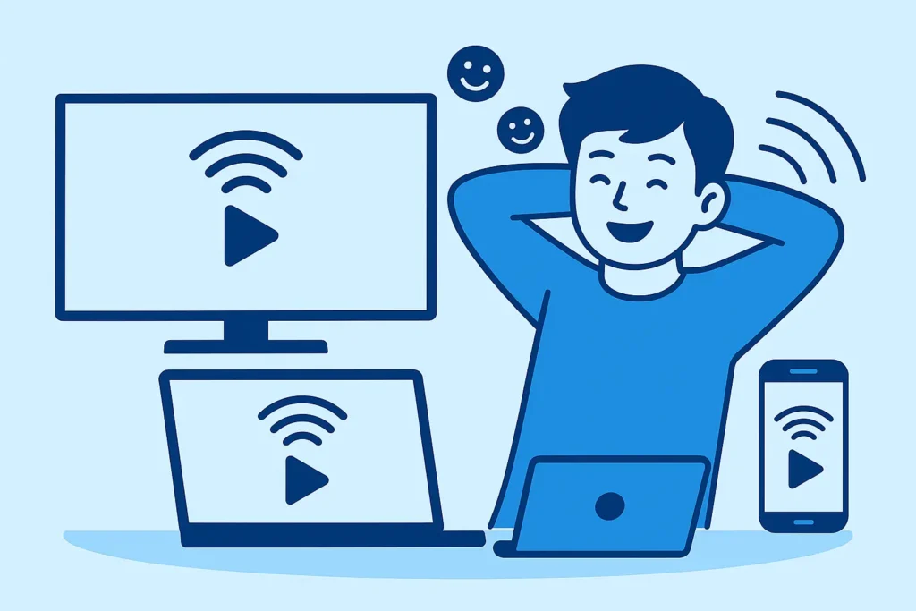 Advantages of IPTV with happy viewer streaming across multiple devices.