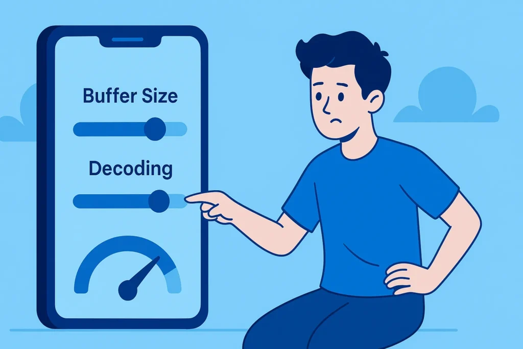 Flat digital illustration of a young man adjusting IPTV app buffer size and decoding sliders on a smartphone screen, landscape layout in blue gradient theme.