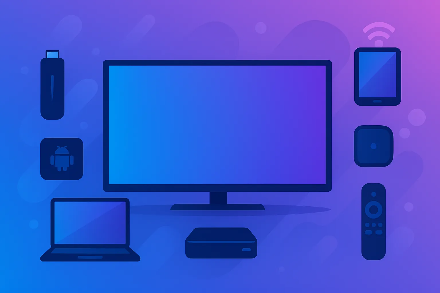 Flat gradient illustration (blue to purple) showing a TV at center with device icons for Firestick, Android TV box, smartphone, tablet, laptop, and remote—representing the best devices for IPTV streaming.