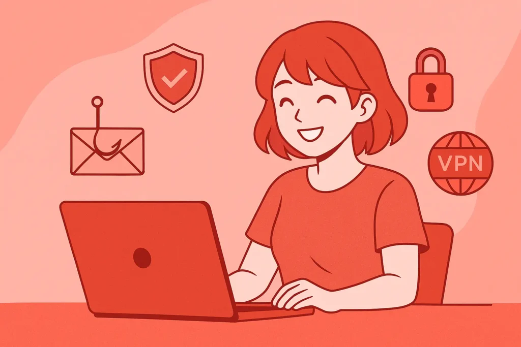 Anime-style girl smiling confidently at her laptop with shield, lock, and VPN icons, symbolizing safe cybersecurity habits for IPTV users.