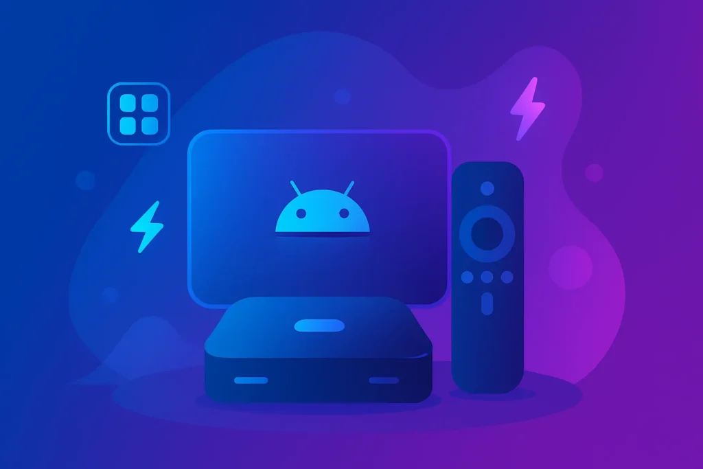 Gradient blue-to-purple flat illustration of an Android TV box with remote, surrounded by icons for apps, power, and USB ports, symbolizing the flexibility and power of Android TV devices for IPTV.
