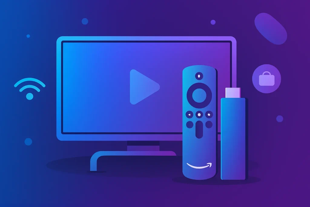 Gradient blue-to-purple flat illustration of a TV, Amazon Fire TV Stick, and remote with Wi-Fi and portability icons, representing Firestick as a popular IPTV device.