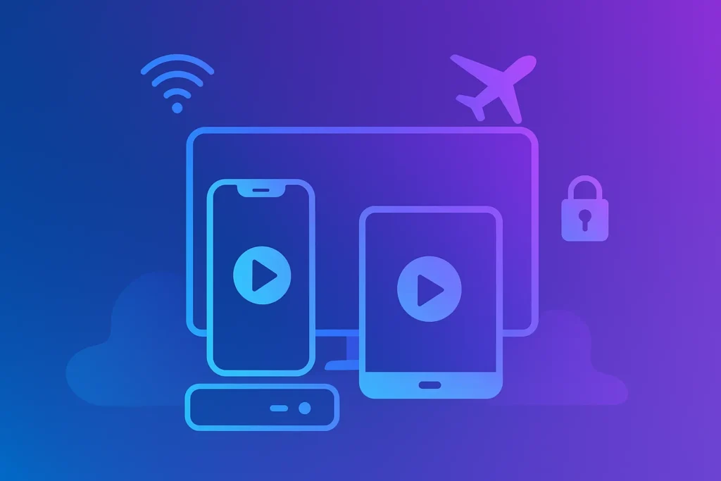 Flat gradient illustration of an iPhone and iPad with play buttons, Wi-Fi, airplane, and lock icons, symbolizing IPTV streaming on iOS and iPadOS devices.