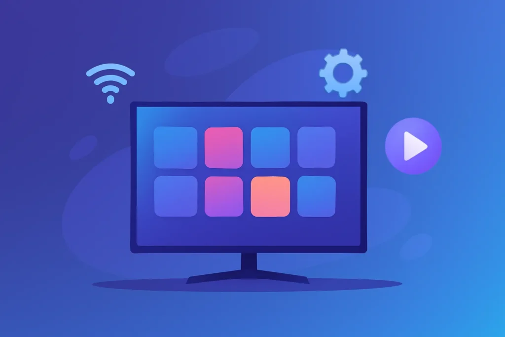 Flat gradient illustration of a Smart TV with app grid, Wi-Fi, settings gear, and play icon, representing IPTV-ready Smart TVs.
