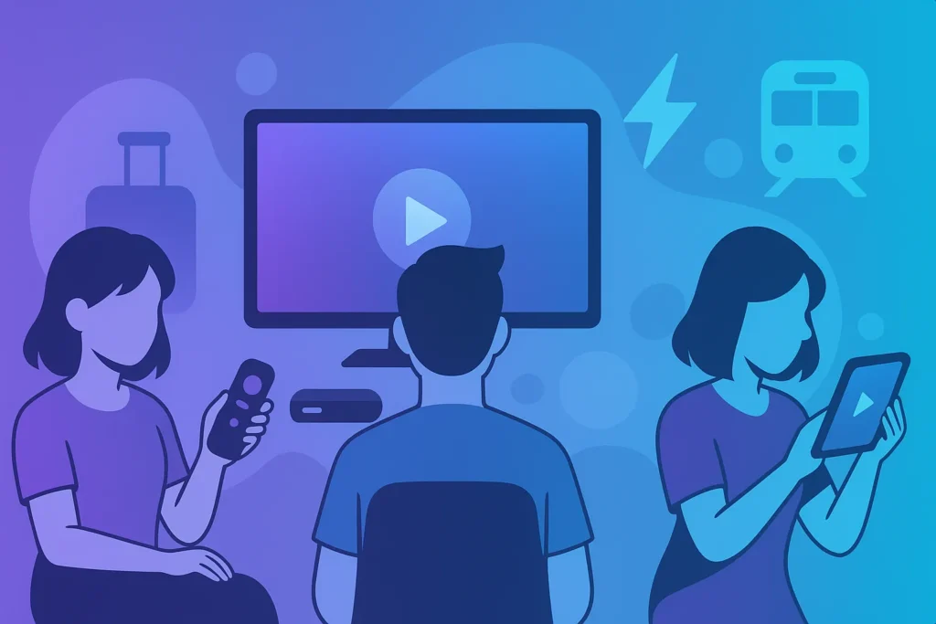 Flat gradient illustration of three users with IPTV devices: one holding a Firestick remote, one sitting at a large TV with Android box, and one using a tablet while commuting, symbolizing different IPTV viewing experiences.