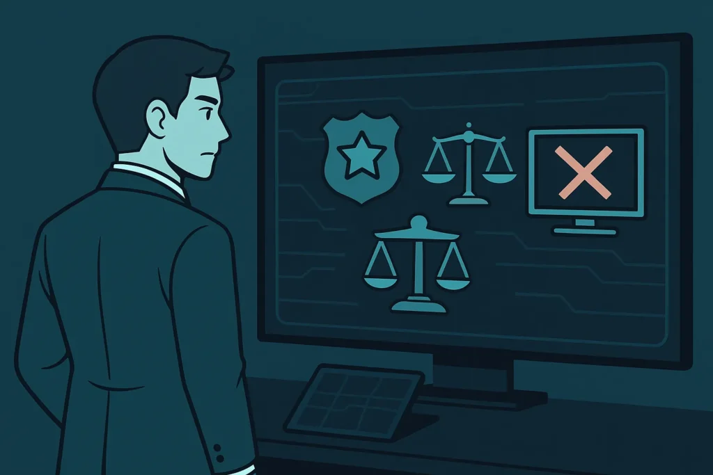 Anime-style professional viewing a large screen with police badge, justice scales, and a TV shutdown icon, illustrating real-world IPTV enforcement actions.