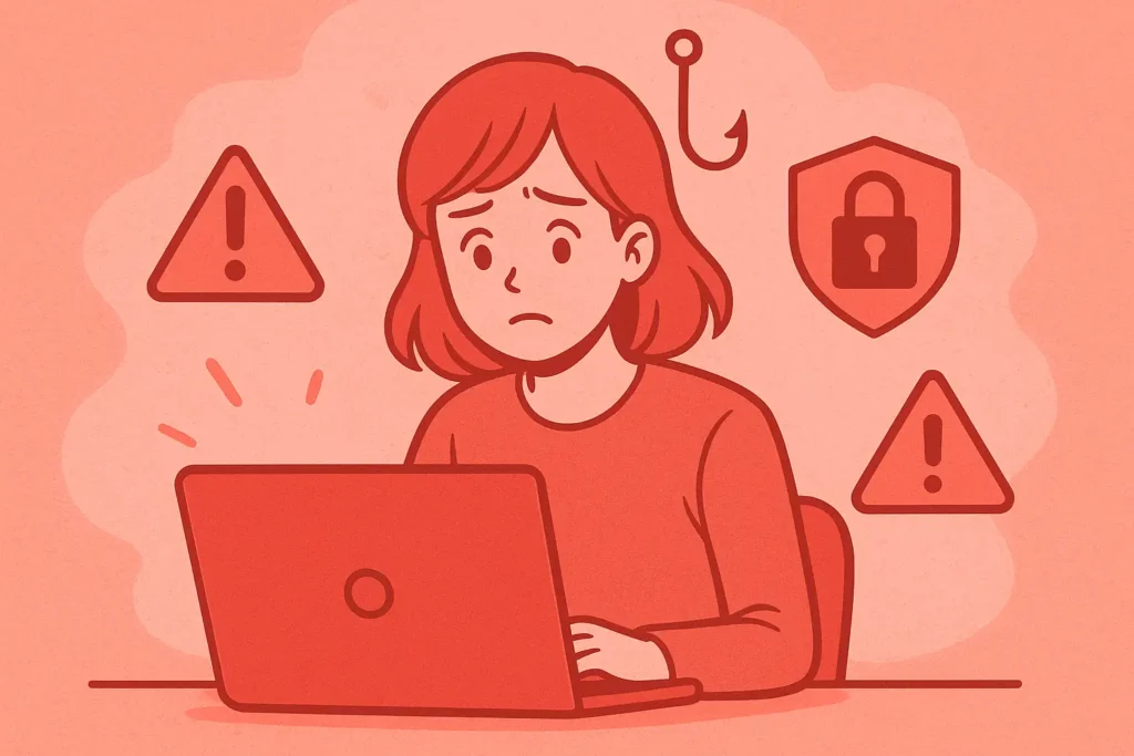 Anime-style girl at a laptop, surrounded by red warning icons, illustrating the hidden risks of IPTV scams, phishing, and security threats.