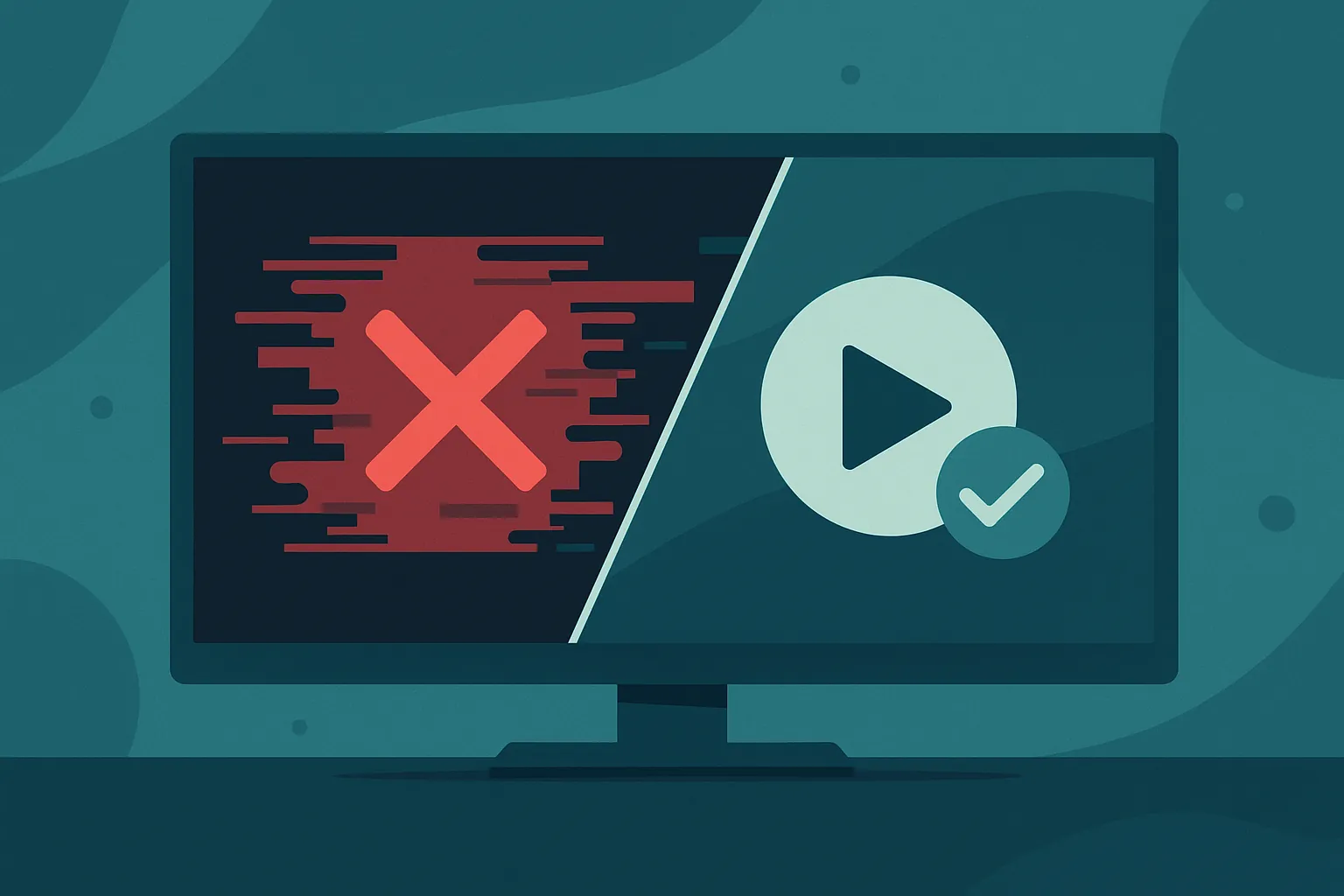 Flat teal/navy illustration of a TV screen split diagonally: left side with a red X and glitch, right side with a play icon and checkmark, representing legal vs illegal IPTV.