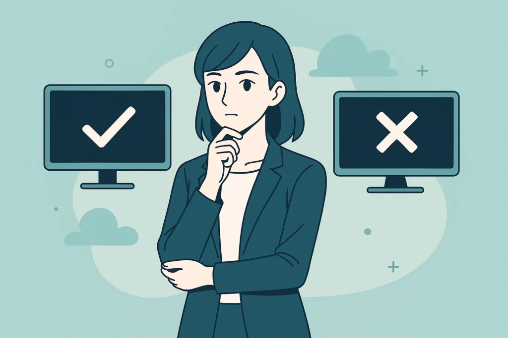 Anime-style woman in teal suit standing between two monitors, one with a checkmark and one with an X, symbolizing the meaning of IPTV legal versus illegal services.