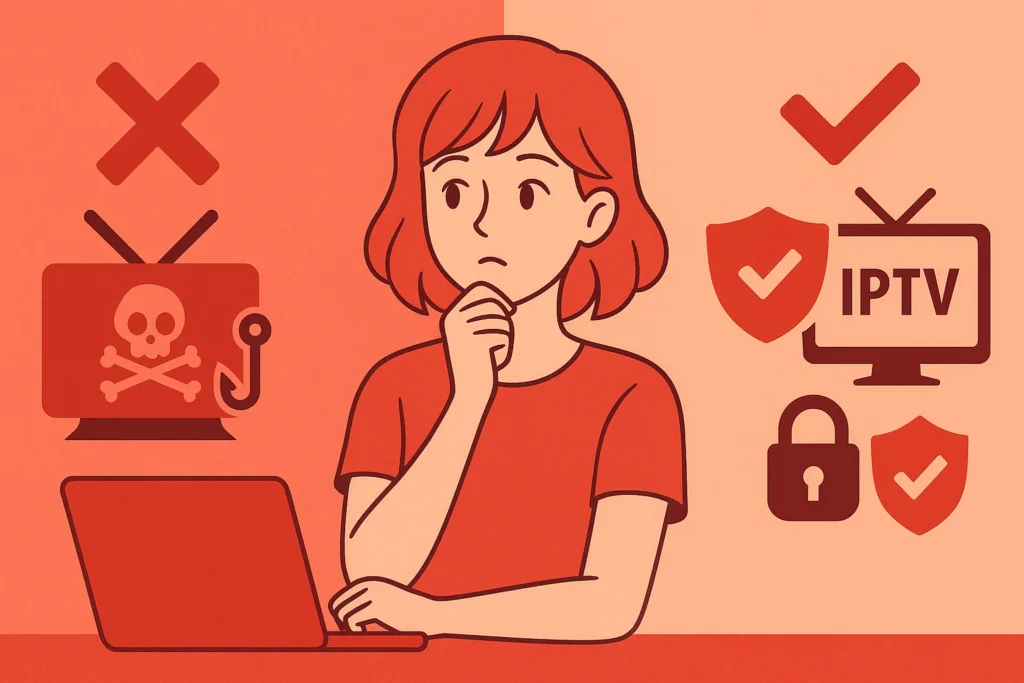 Anime-style girl thinking while comparing illegal IPTV with a skull TV icon against a legal IPTV option with checkmarks and shields.