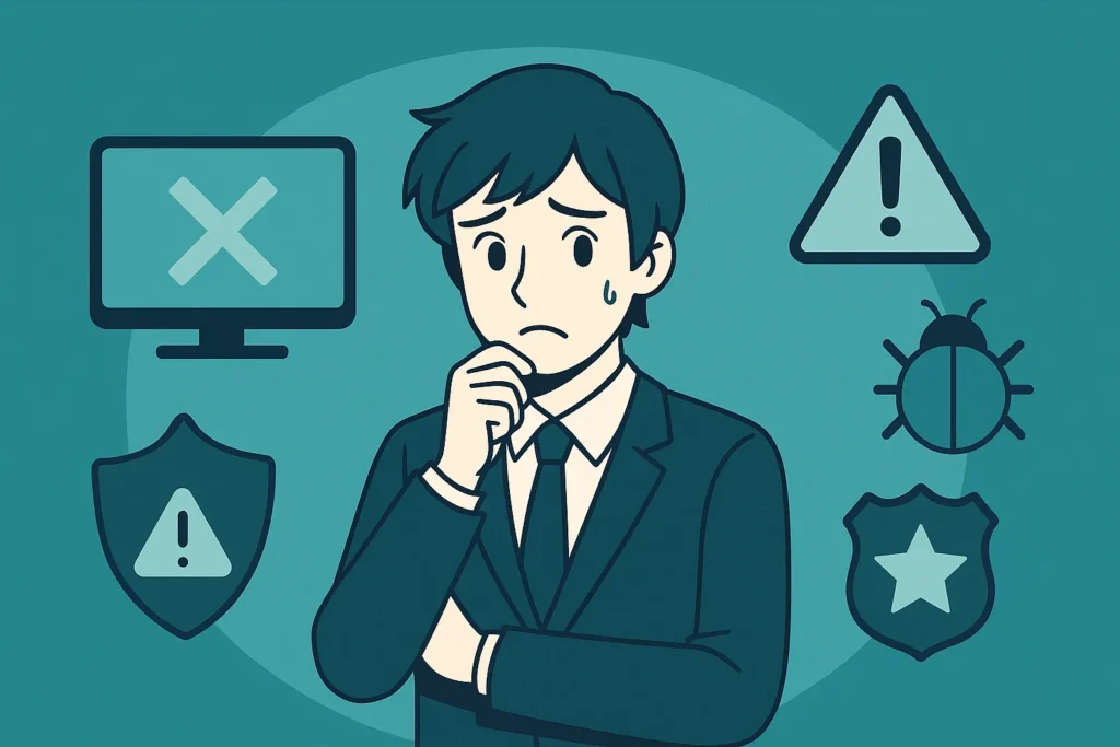 Anime-style professional in teal tones looking worried, surrounded by icons of a broken TV, warning triangle, malware bug, and police badge to illustrate risks of illegal IPTV.