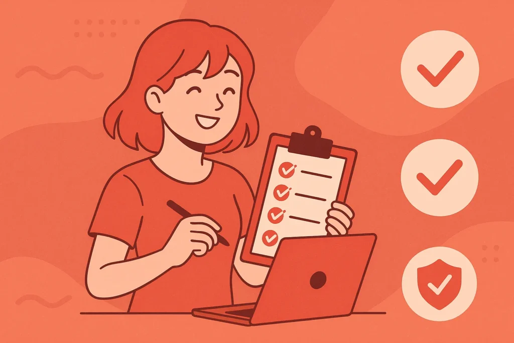 Anime-style girl smiling and holding a checklist clipboard beside her laptop, surrounded by checkmark icons, symbolizing IPTV safety checklist tips.