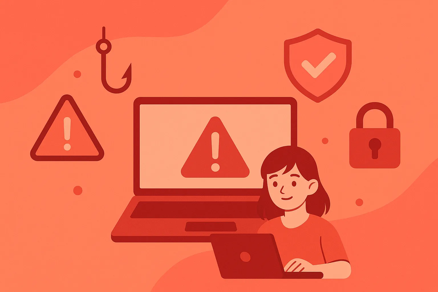 Flat red-themed illustration of a laptop with a warning triangle, phishing hook, shield, and padlock icons representing IPTV safety and scam protection.