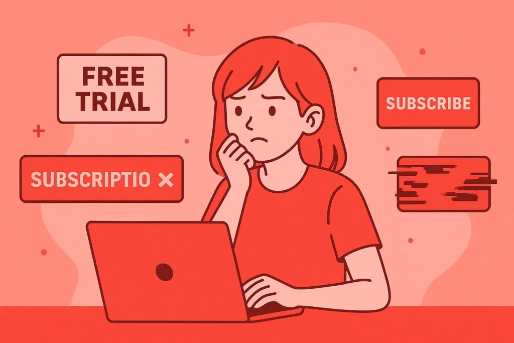 Anime-style girl with a laptop surrounded by floating scam subscription signs in red tones, illustrating common IPTV scams and fake offers.