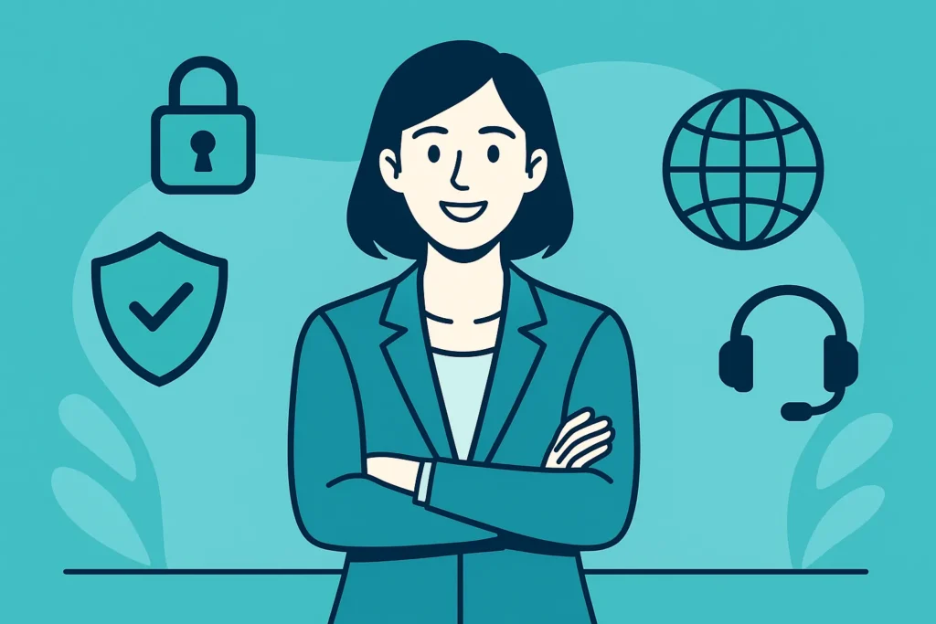 Anime-style professional woman in teal blazer smiling, surrounded by icons of a lock, shield, globe, and headset, symbolizing IPTV security and consumer protection resources.