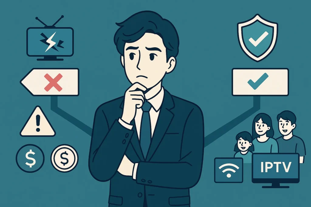Anime-style man in teal suit standing at a crossroads, with illegal IPTV risks on one side and safe IPTV legal benefits on the other, symbolizing user scenarios.