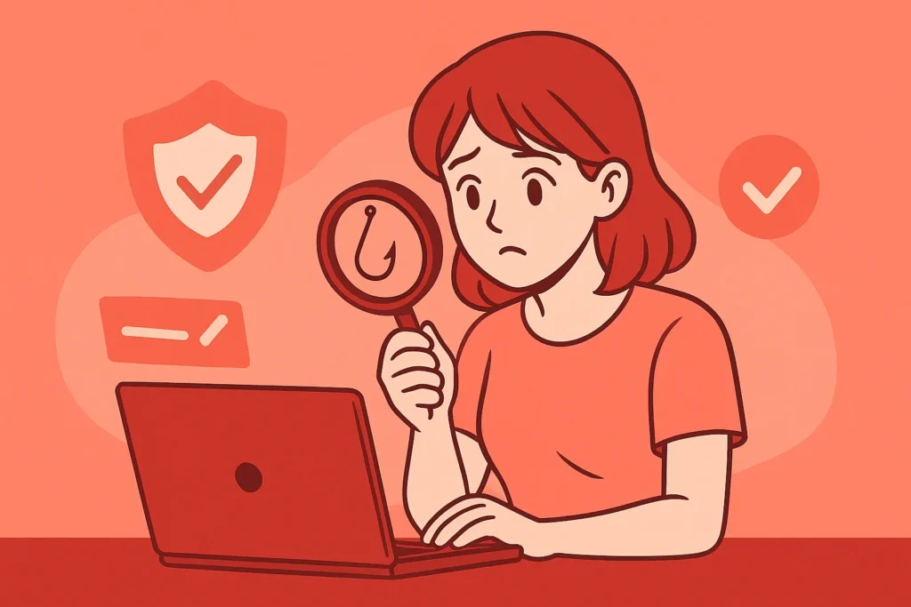 Anime-style girl using a magnifying glass to inspect her laptop screen, with checkmark icons around her, symbolizing how to verify a real IPTV provider.