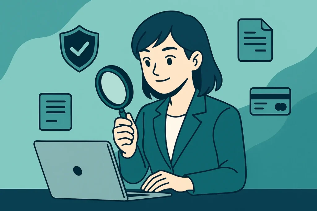 Anime-style professional examining a laptop with a magnifying glass, with shield, contract, and credit card icons, representing how to vet an IPTV provider for legality.