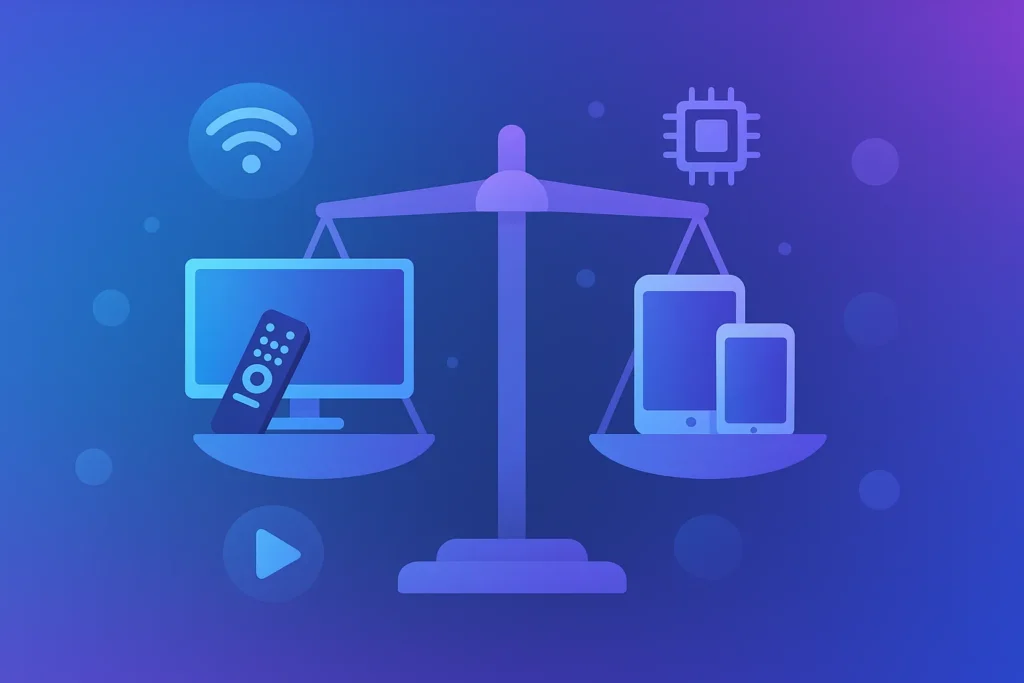 Flat gradient illustration of a balance scale with TV and remote on one side and laptop, tablet, and smartphone on the other, symbolizing why the device choice matters for IPTV streaming.