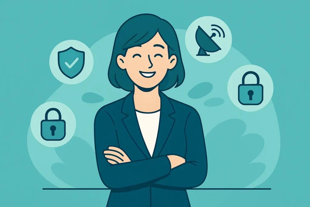 Anime-style professional woman smiling with shield, satellite, and lock icons in teal tones, representing the benefits of choosing legal IPTV services.
