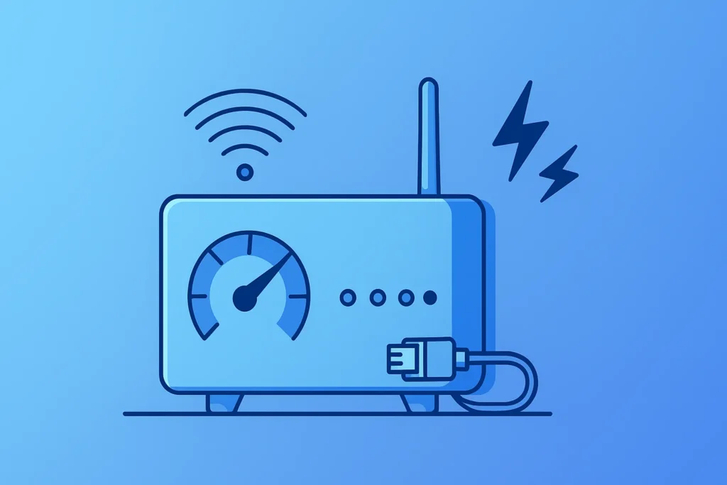 Flat digital illustration of a Wi-Fi router with antennas, strong signal bars, and ethernet cable on blue gradient background.
