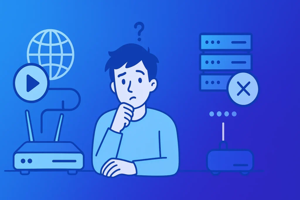 Flat digital illustration of a young man deciding between two IPTV providers, with a globe and play icon marked correct on one side and buffering server marked with an X on the other, blue gradient theme.