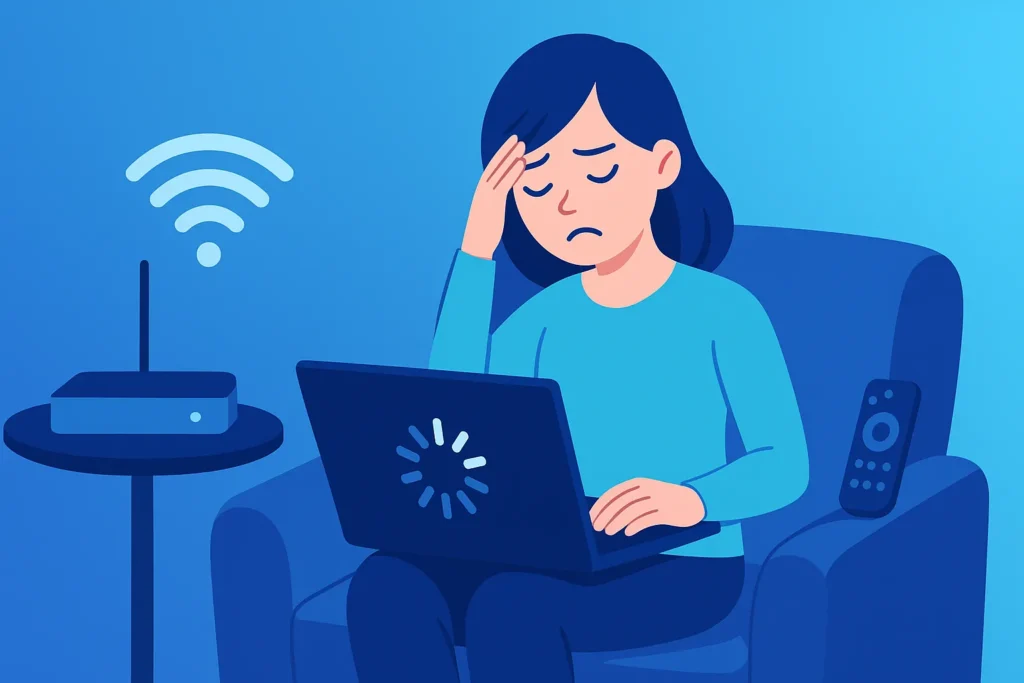 Flat digital illustration of a frustrated woman on a couch with laptop showing buffering and Wi-Fi router beside her in blue gradient theme.