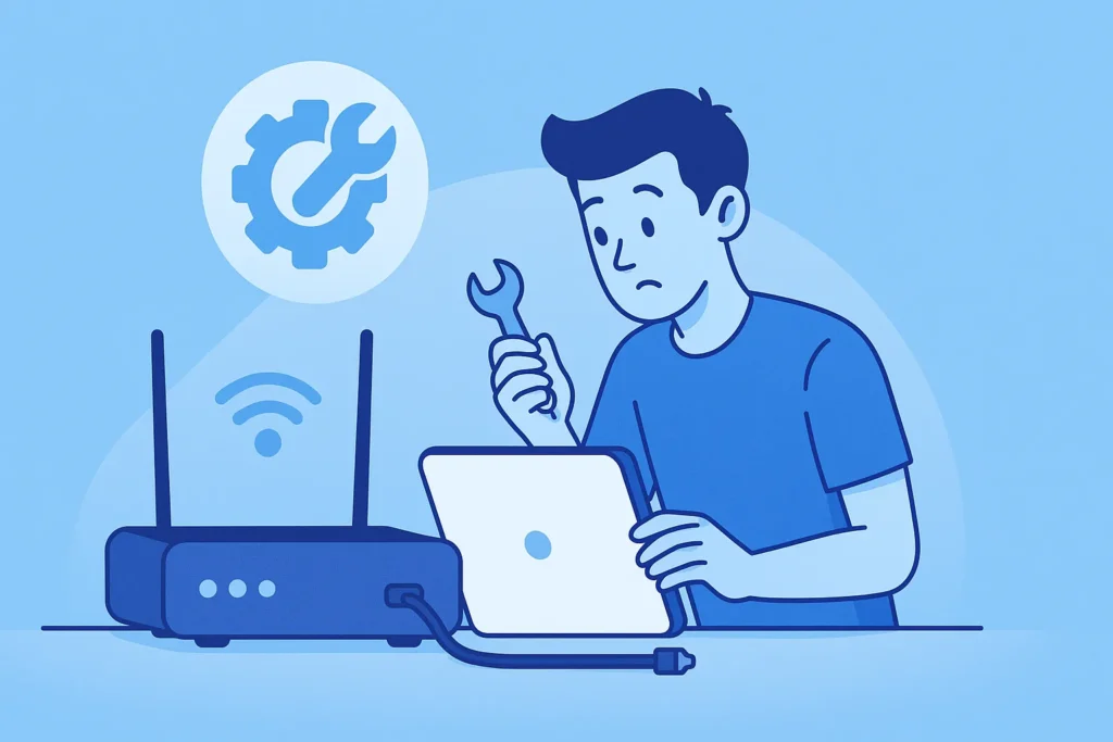 Flat digital illustration of a young man using a wrench to adjust a Wi-Fi router with a maintenance gear icon above, blue gradient background.