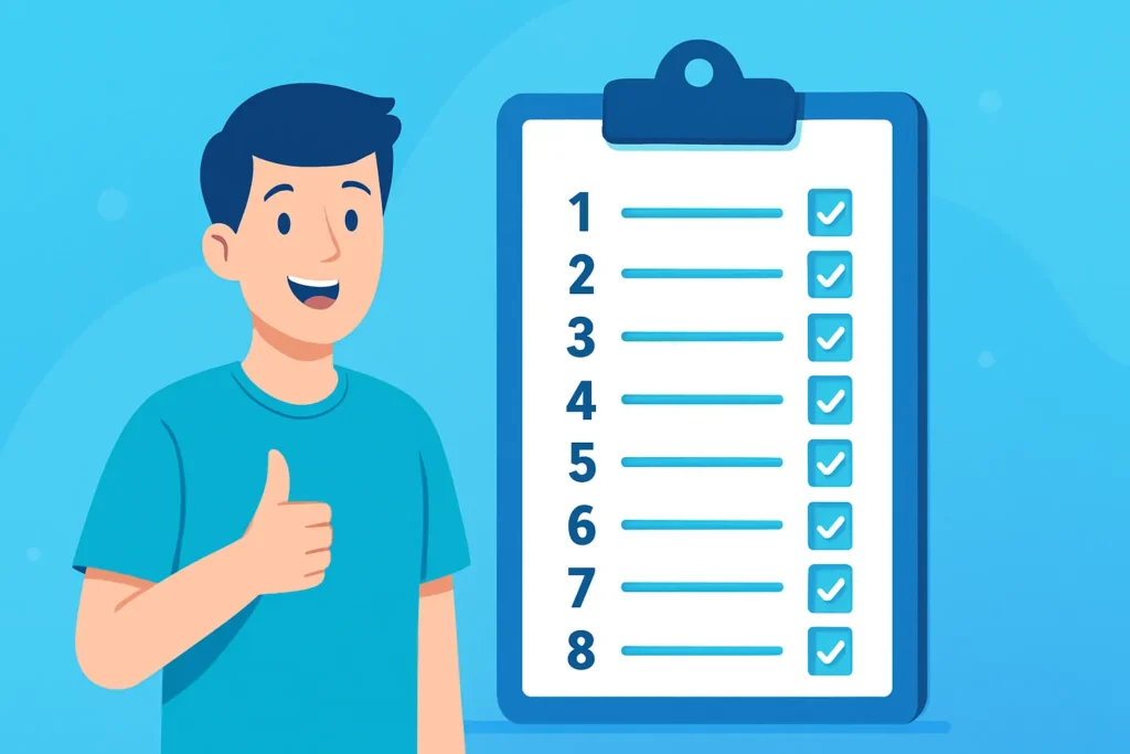 Flat digital illustration of a happy young man giving a thumbs up beside a completed 10-step checklist clipboard, blue gradient background.