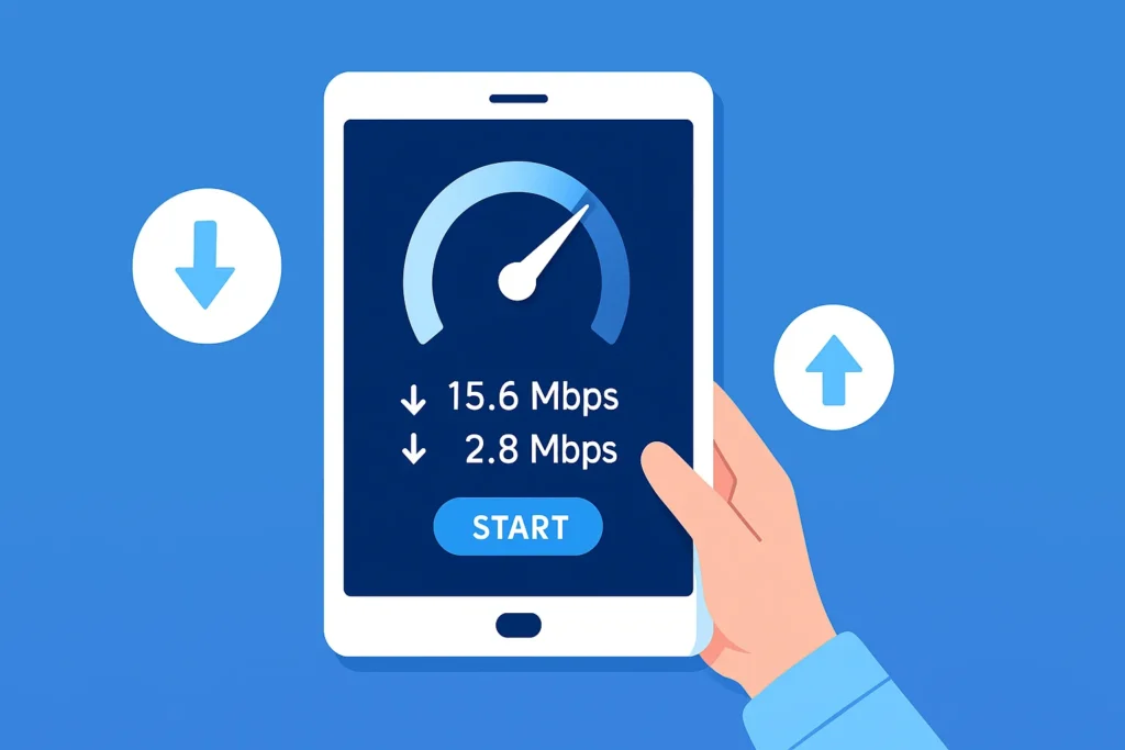 Flat digital illustration of a tablet showing an internet speed test with speedometer and download upload arrows on blue gradient background.