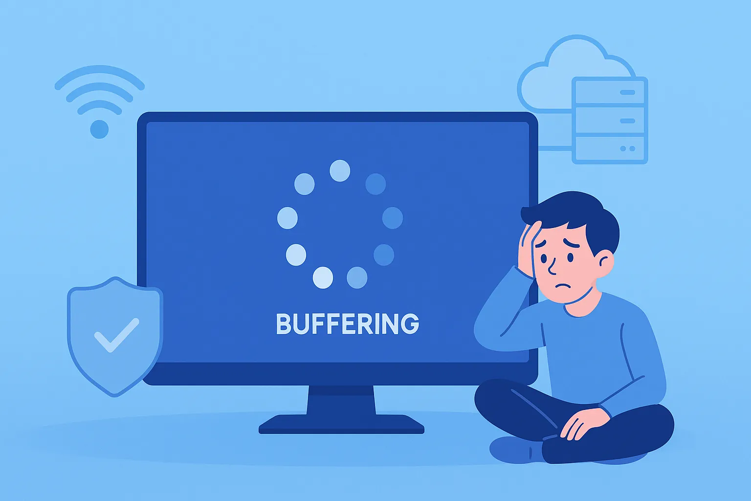 Flat digital illustration of a TV showing buffering symbol with frustrated viewer, weak Wi-Fi and server icons in blue gradient background.