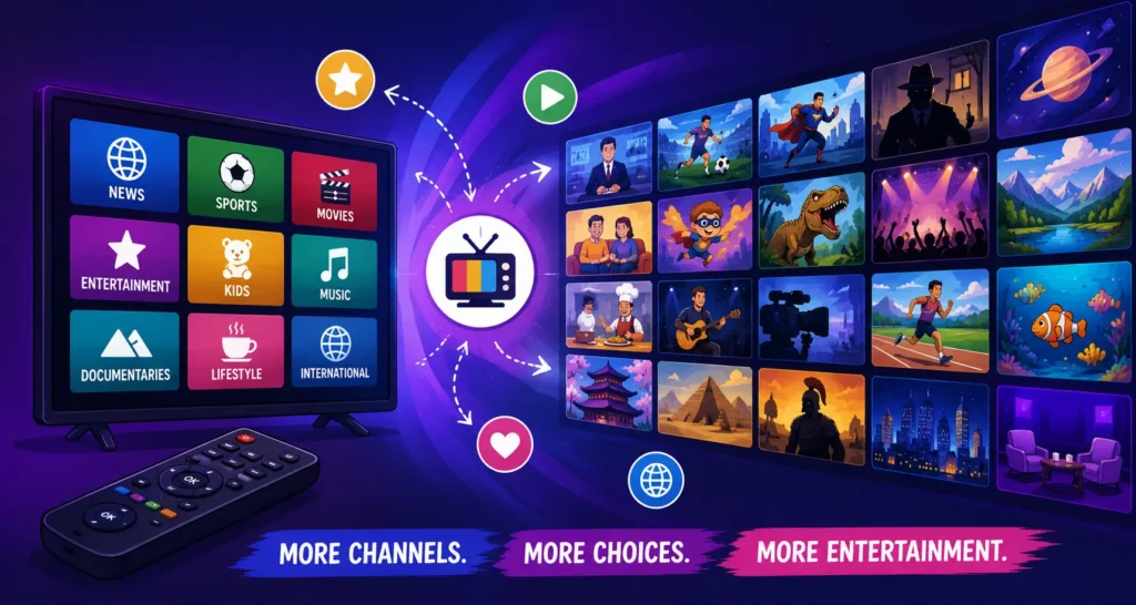 Animated entertainment interface showing multiple TV channels and content categories including sports, movies, documentaries, kids, and international programming in a colorful wide digital design.