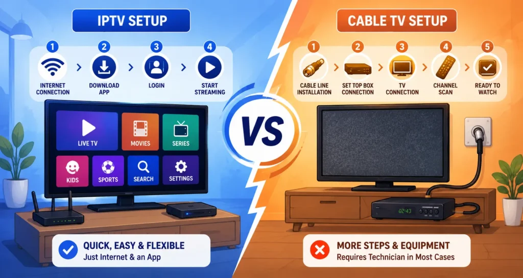 Animated infographic comparing IPTV and Cable TV installation setup processes with streaming app setup on one side and cable box connection steps on the other in a wide colorful design.