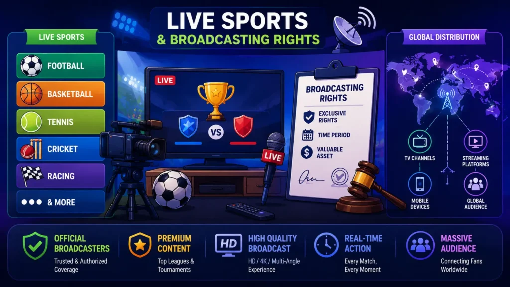 Animated infographic about live sports and broadcasting rights showing sports coverage, TV distribution, streaming platforms, official broadcasters, and global audience access in a colorful wide design.