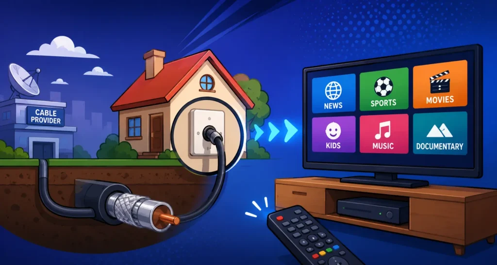 Animated illustration explaining cable TV connection from provider to home television with channels, coaxial cable, and entertainment categories in a colorful wide design.