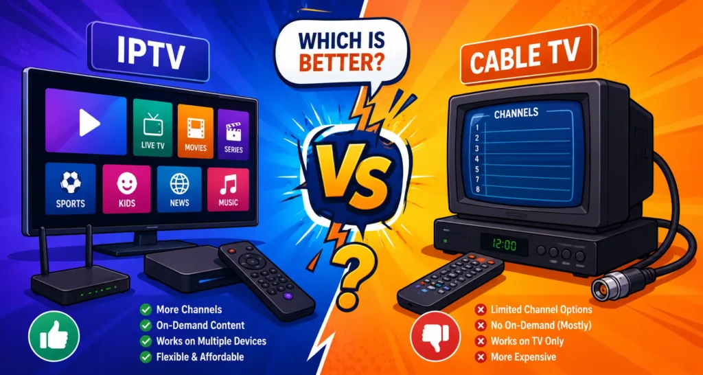Animated comparison illustration between IPTV and Cable TV showing modern streaming features versus traditional television setup in a colorful wide infographic design.